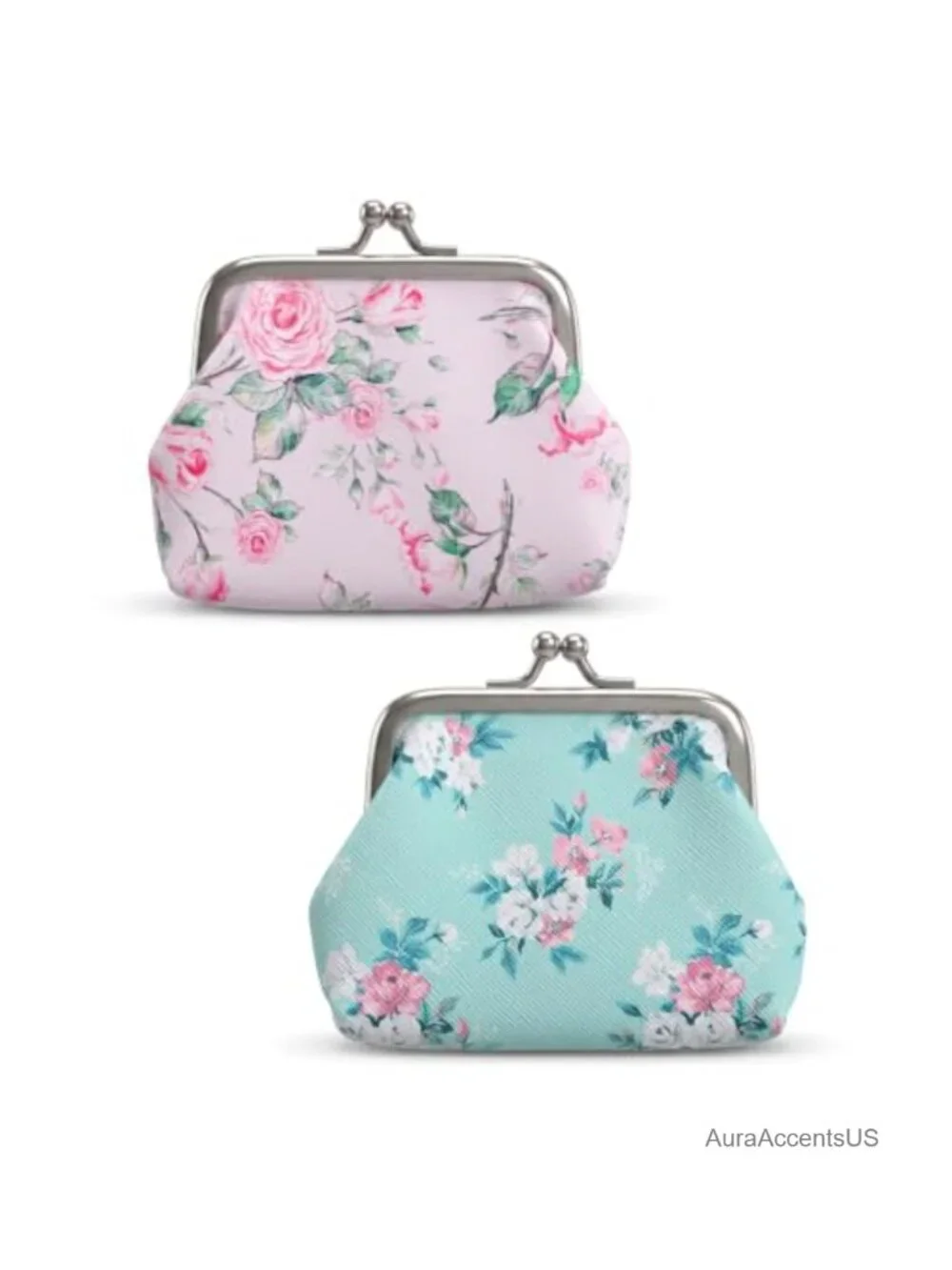 Kiss Lock Coin Purse Floral PU Leather Mini Wallet for Women